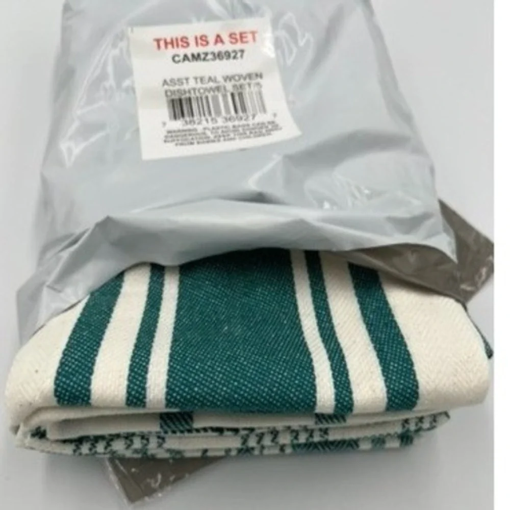 DII Woven Dishtowel Set 5pc Teal Stripe Plaid Farmhouse Kitchen New